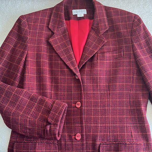 Land's End Vintage Red Plaid Holiday Blazer Sz 10 Burgundy Red Wool Festive - Picture 5 of 11